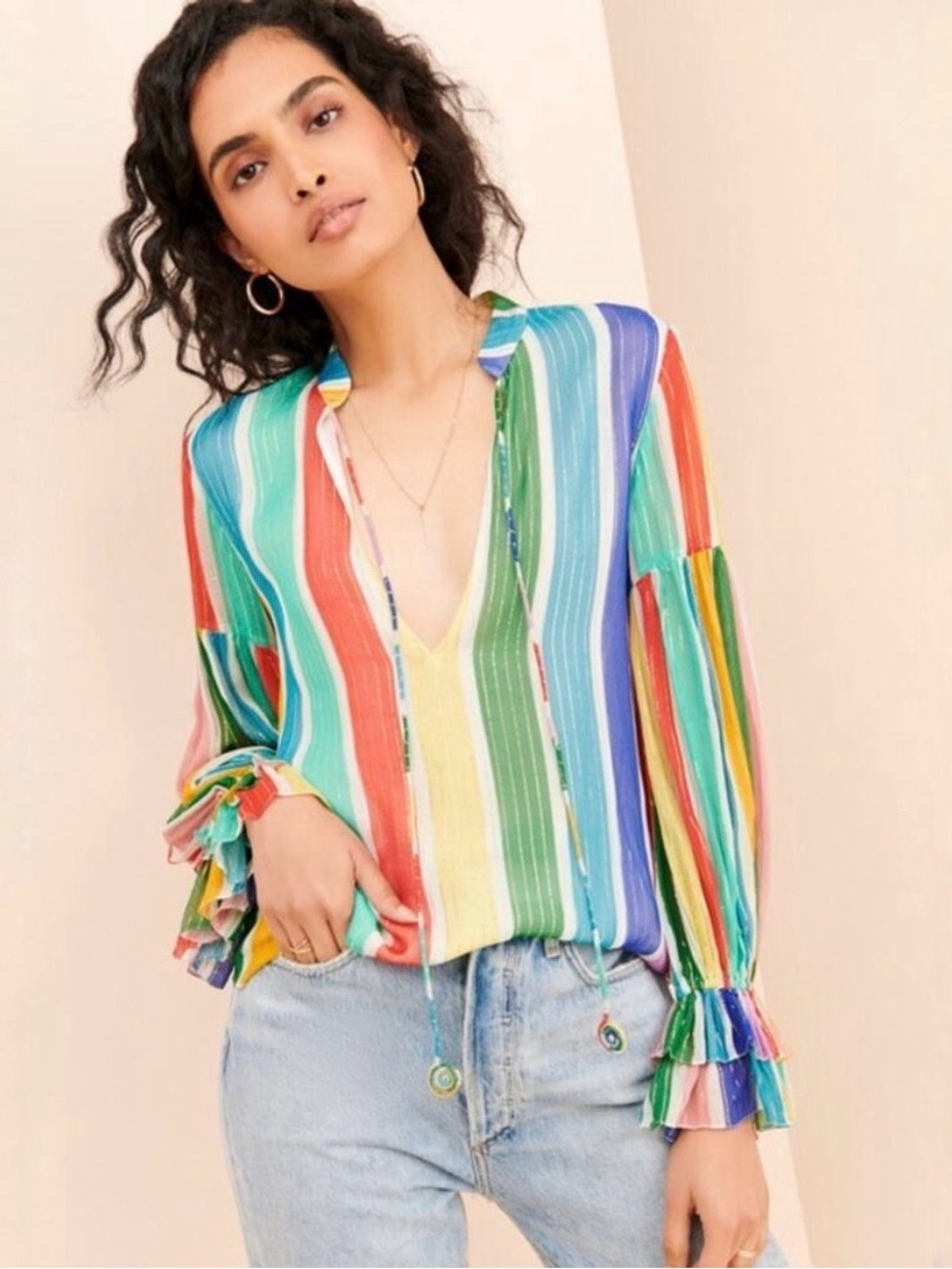 ROCOCO SAND Mirage Blouse Deep V Neck Tunic Stripe Multicolored Size Small